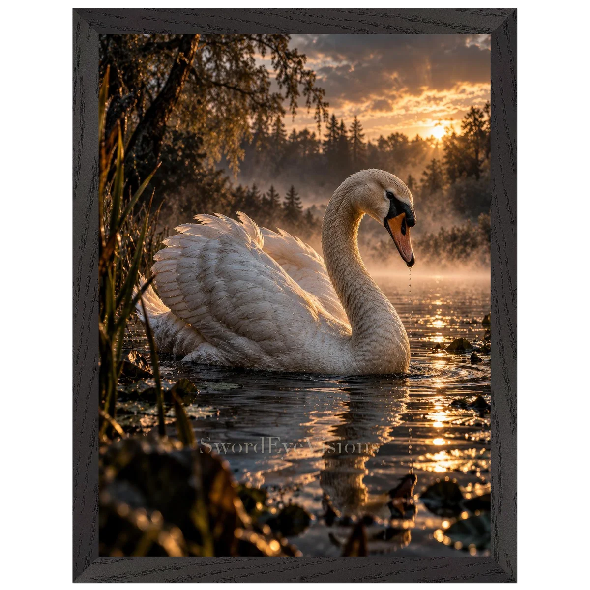 Swan in a premium black wooden frame, 30 × 40 cm — protected artwork preview