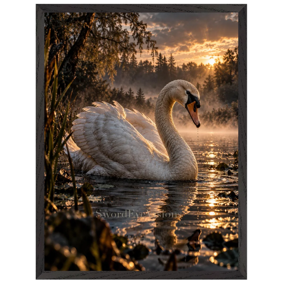 Swan in a premium black wooden frame, 45 × 60 cm — protected artwork preview