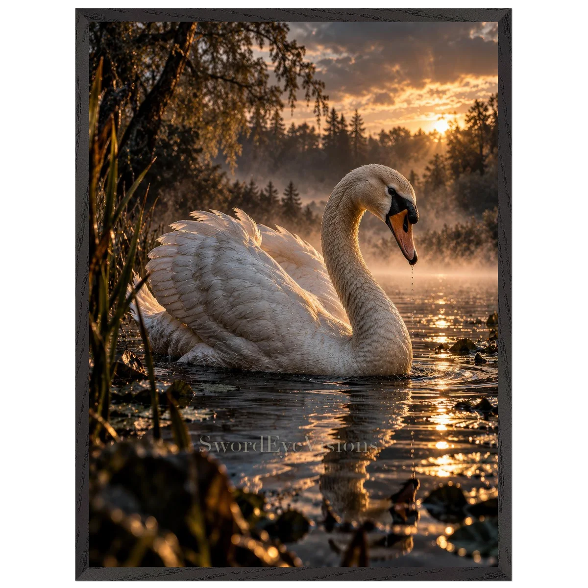 Swan in a premium black wooden frame, 60 × 80 cm — protected artwork preview