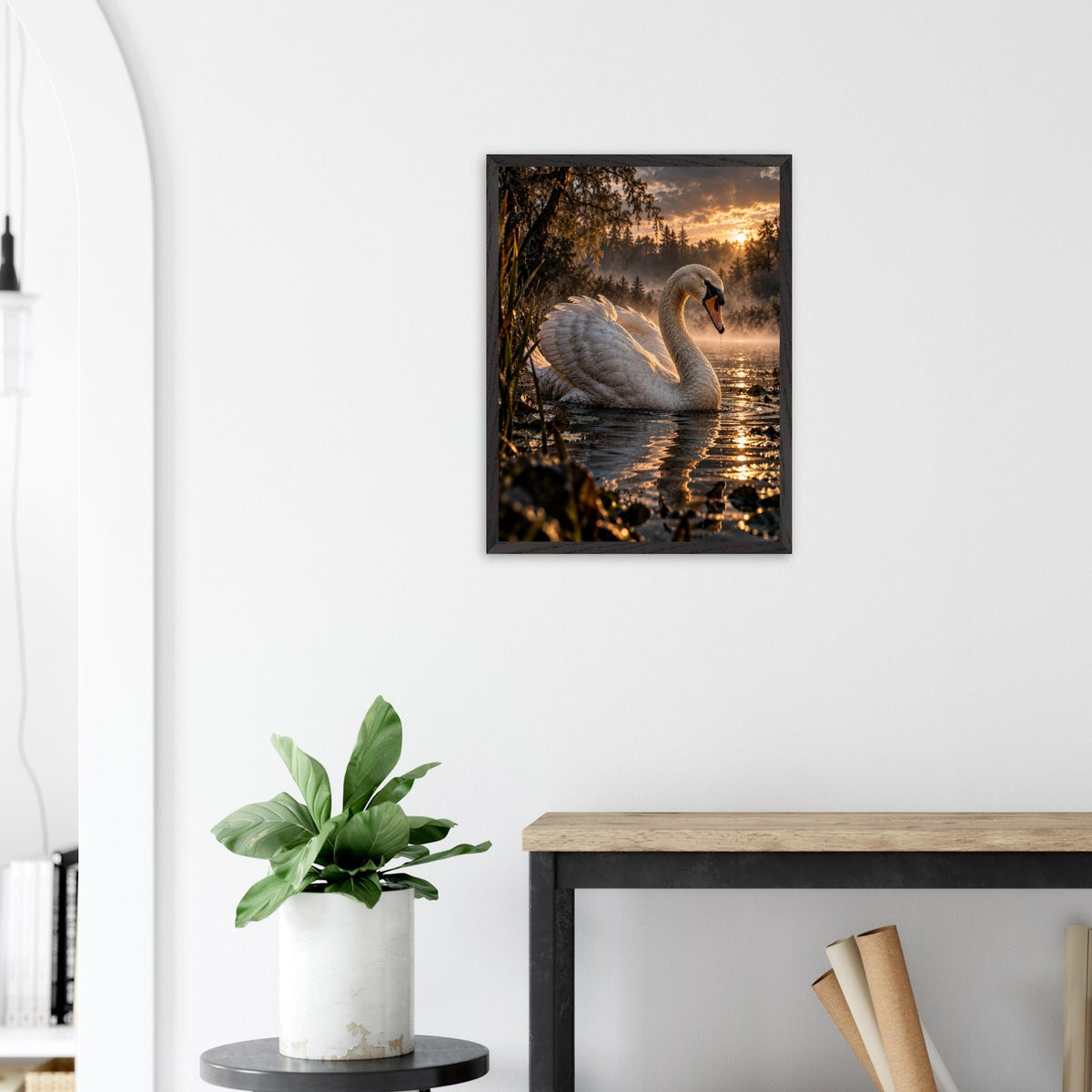 Swan framed art print, 45 × 60 cm, beside an arched doorway