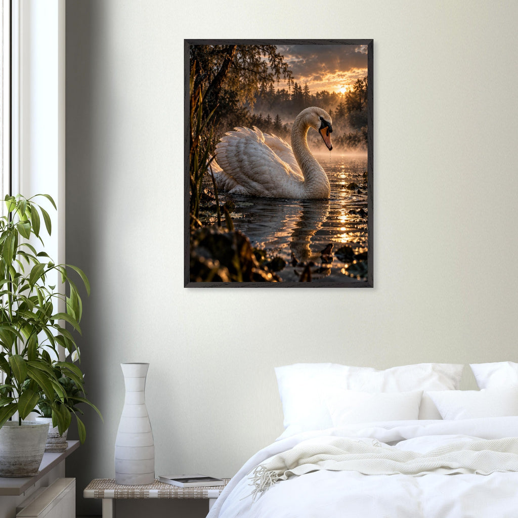Swan framed art print, 60 × 80 cm, in a bedroom