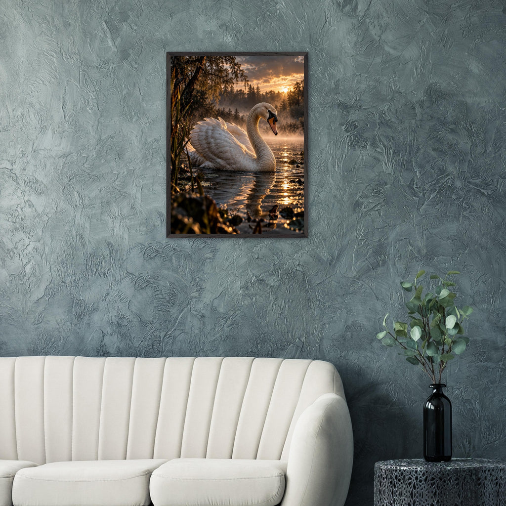 Swan framed art print, 60 × 80 cm, above a sofa