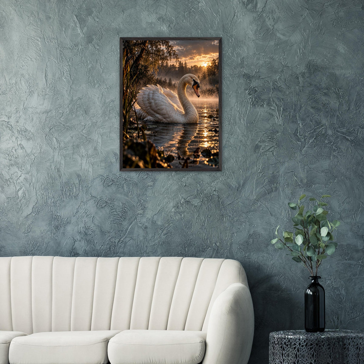 Swan framed art print, 60 × 80 cm, above a sofa