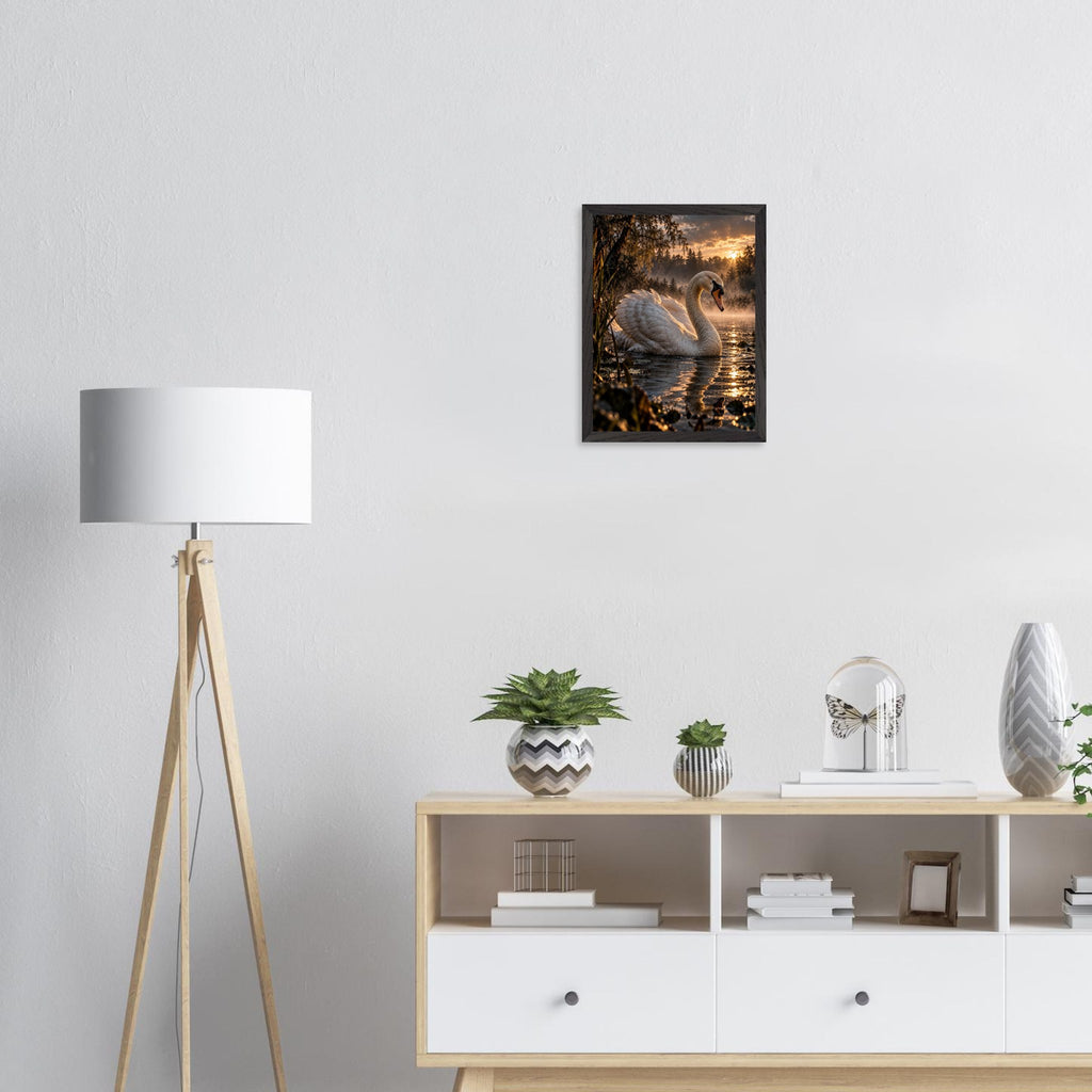 Swan framed art print, 30 × 40 cm, on a wall above a sideboard