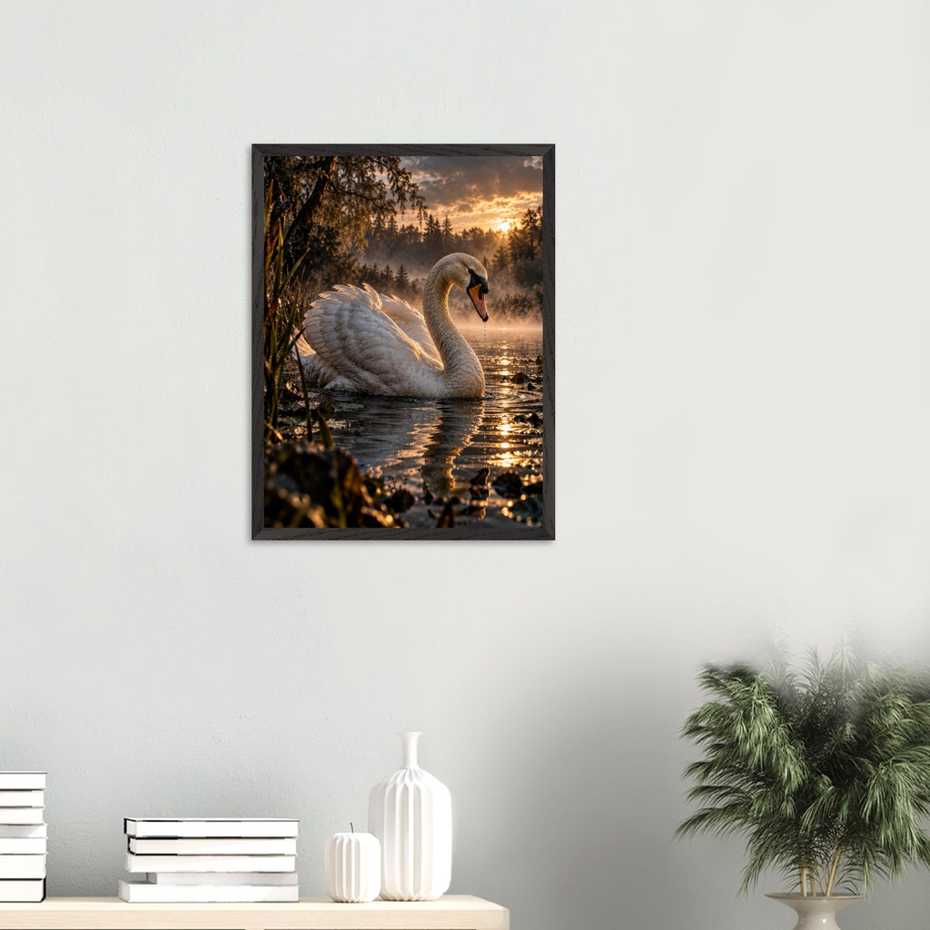 Swan framed art print, 45 × 60 cm, on a wall above a shelf