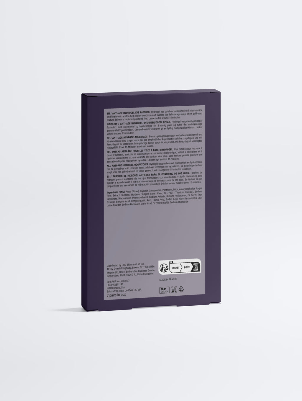 Anti-Age Hydrogel Eye Patches — back of the box showing the multilingual ingredient and compliance panel, The Recovery Composition.