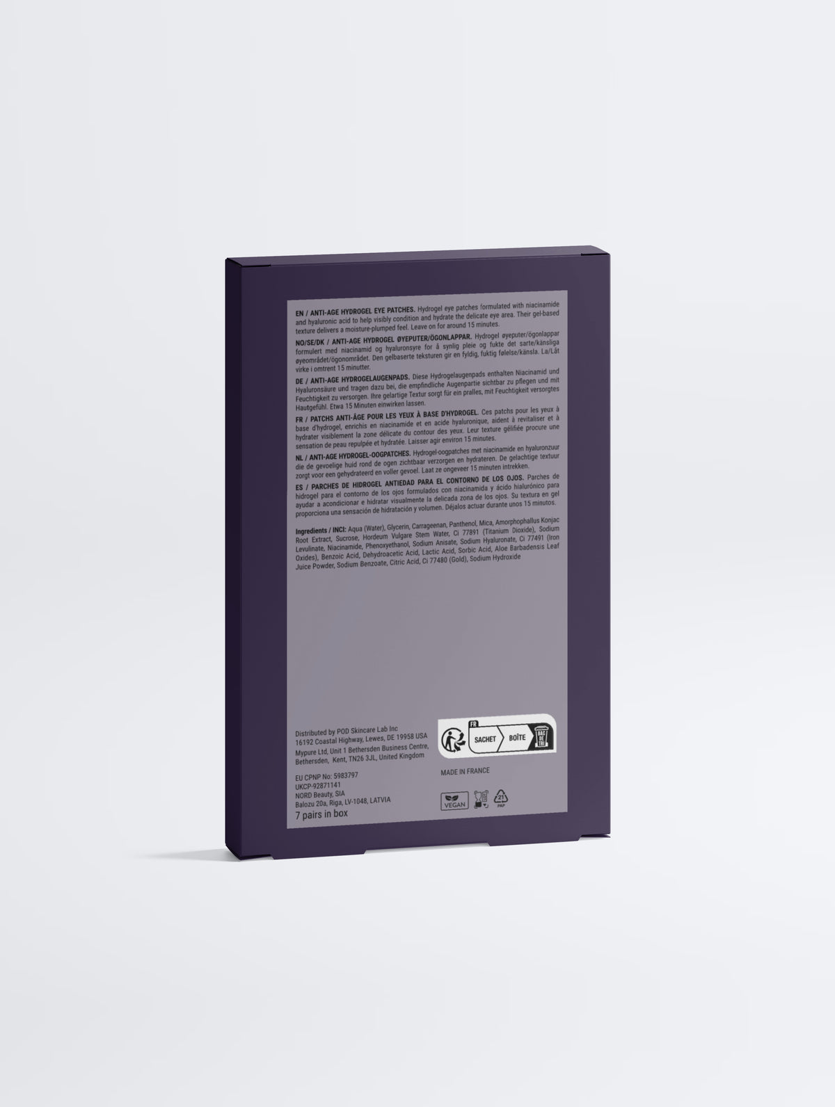 Anti-Age Hydrogel Eye Patches — back of the box showing the multilingual ingredient and compliance panel, The Recovery Composition.