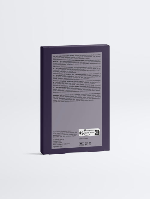 Anti-Age Hydrogel Eye Patches — back of the box showing the multilingual ingredient and compliance panel, The Recovery Composition.