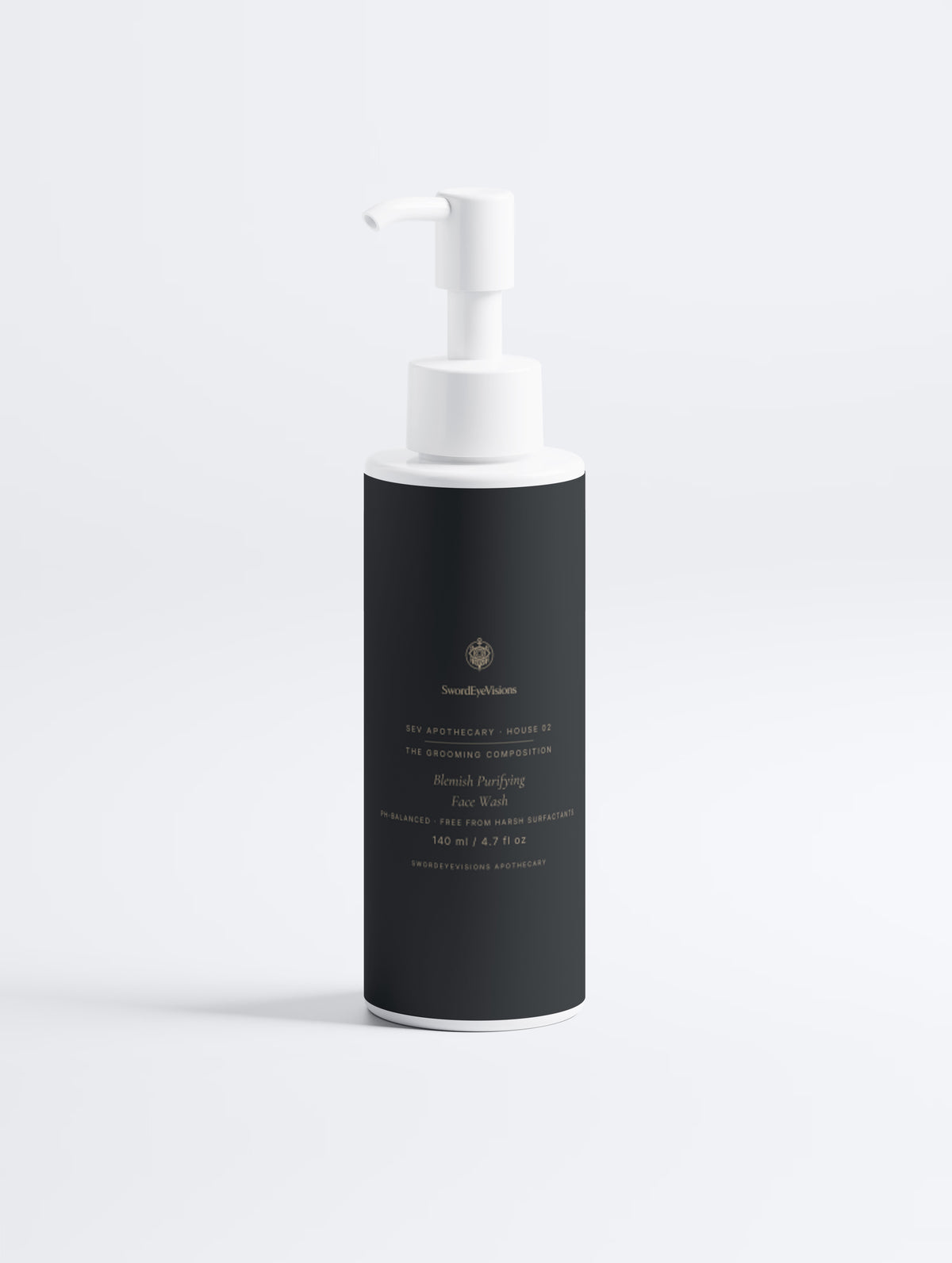 SEV Apothecary Blemish Purifying Face Wash, 140 ml pump bottle with a white pump, front view showing the SwordEyeVisions sigil and wordmark above The Grooming Composition on a near-black label.