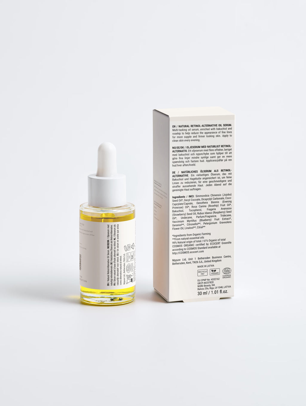 Natural Retinol Alternative Oil Serum — 30 ml glass dropper bottle shown closer, with the product name and antique brass lettering visible on the label.