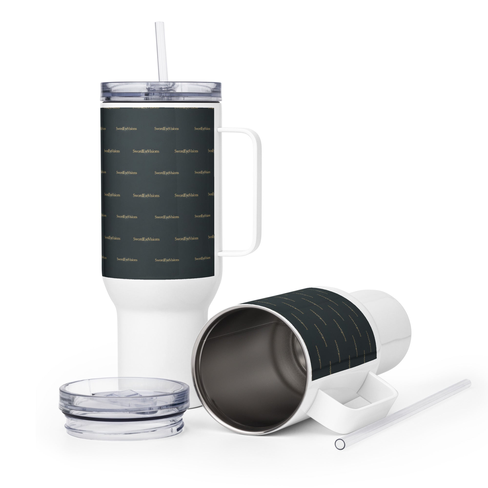 NOIR GRAPHITE TRAVEL MUG WITH HANDLE — NEGATIVE SPACE WORDMARK — alternate view 1 of 2