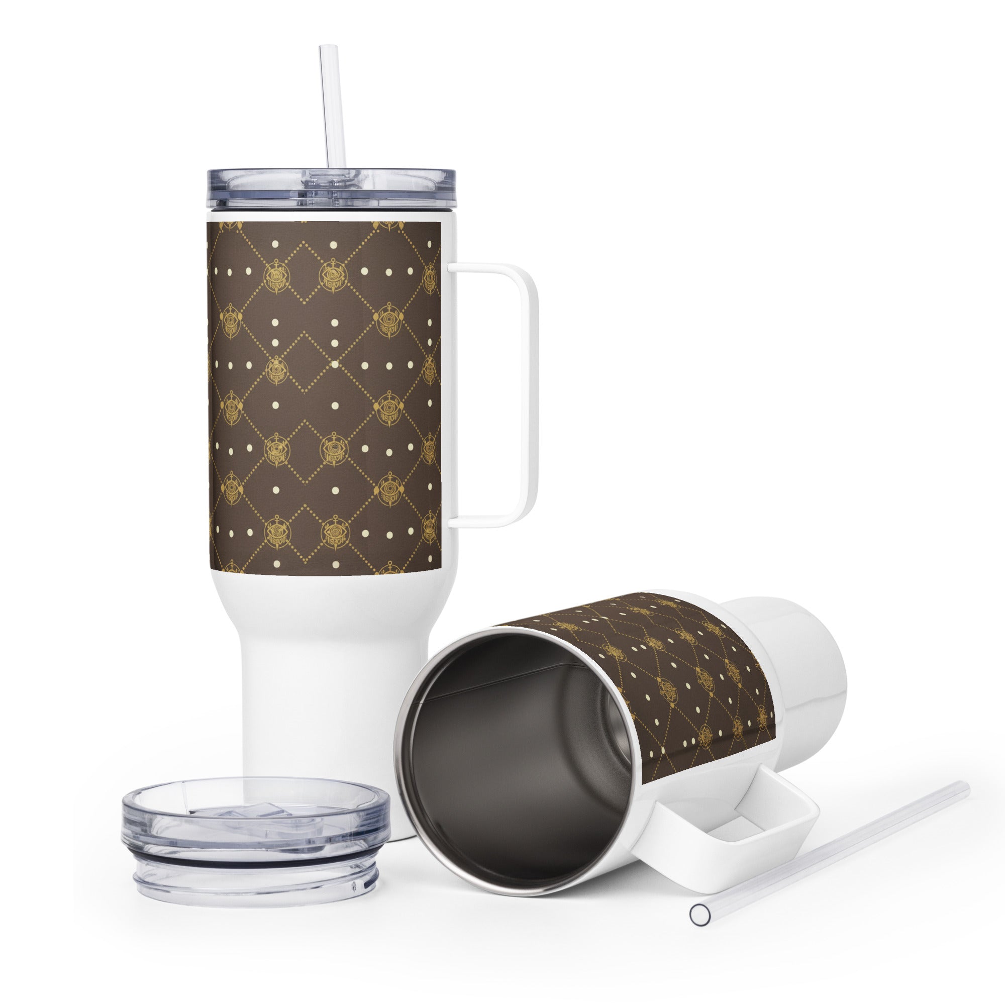 DEEP COCOA TRAVEL MUG WITH HANDLE — DIAMOND MONOGRAM — alternate view 1 of 2