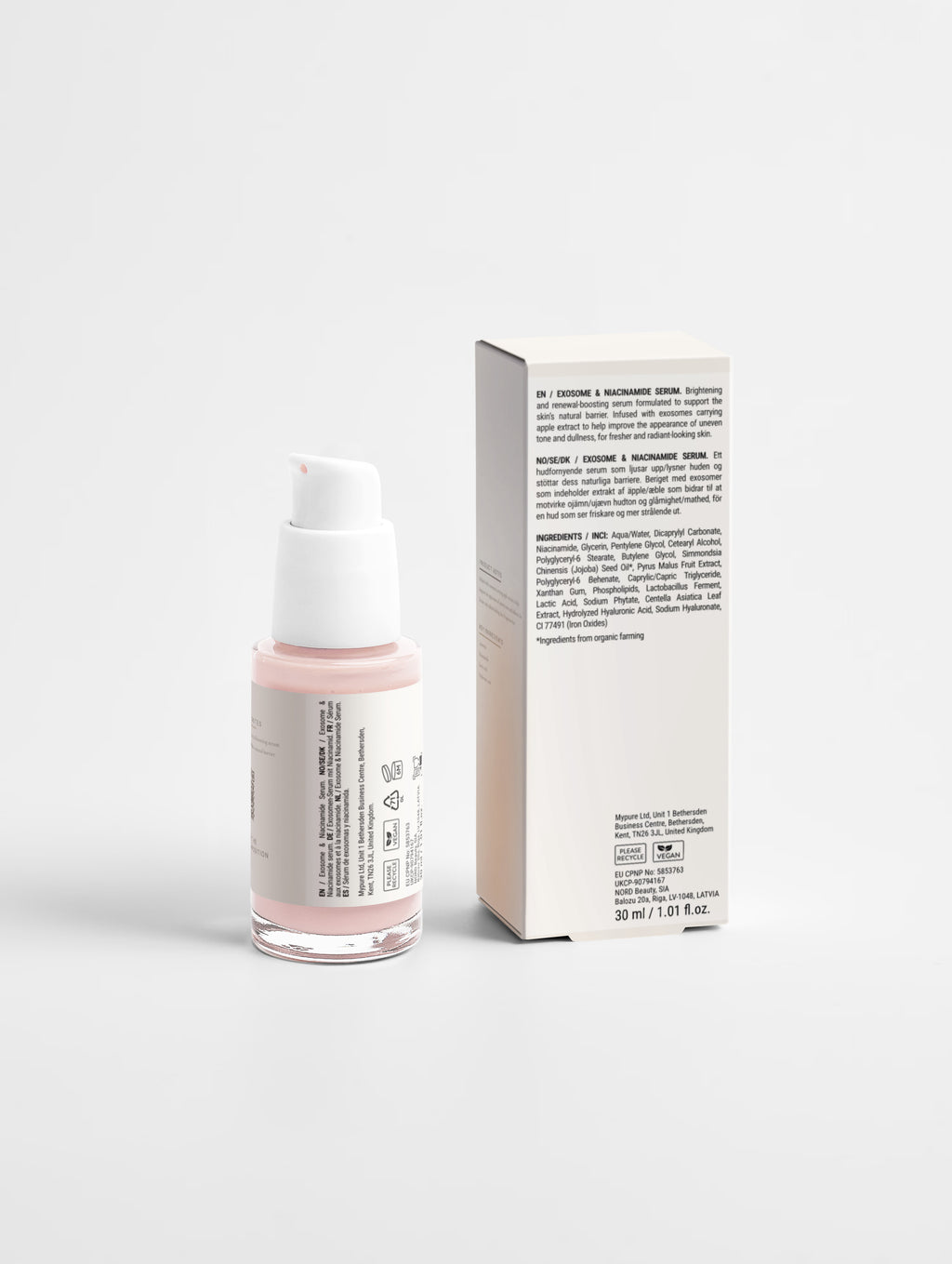 Exosome & Niacinamide Serum — 30 ml glass bottle shown closer, with the product name and antique brass lettering visible on the label.