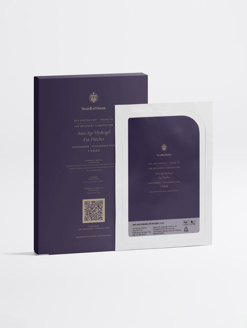 Anti-Age Hydrogel Eye Patches — SEV Apothecary box of 7 pairs in deep aubergine standing behind a single foil sachet, The Recovery Composition, on a plain studio background.