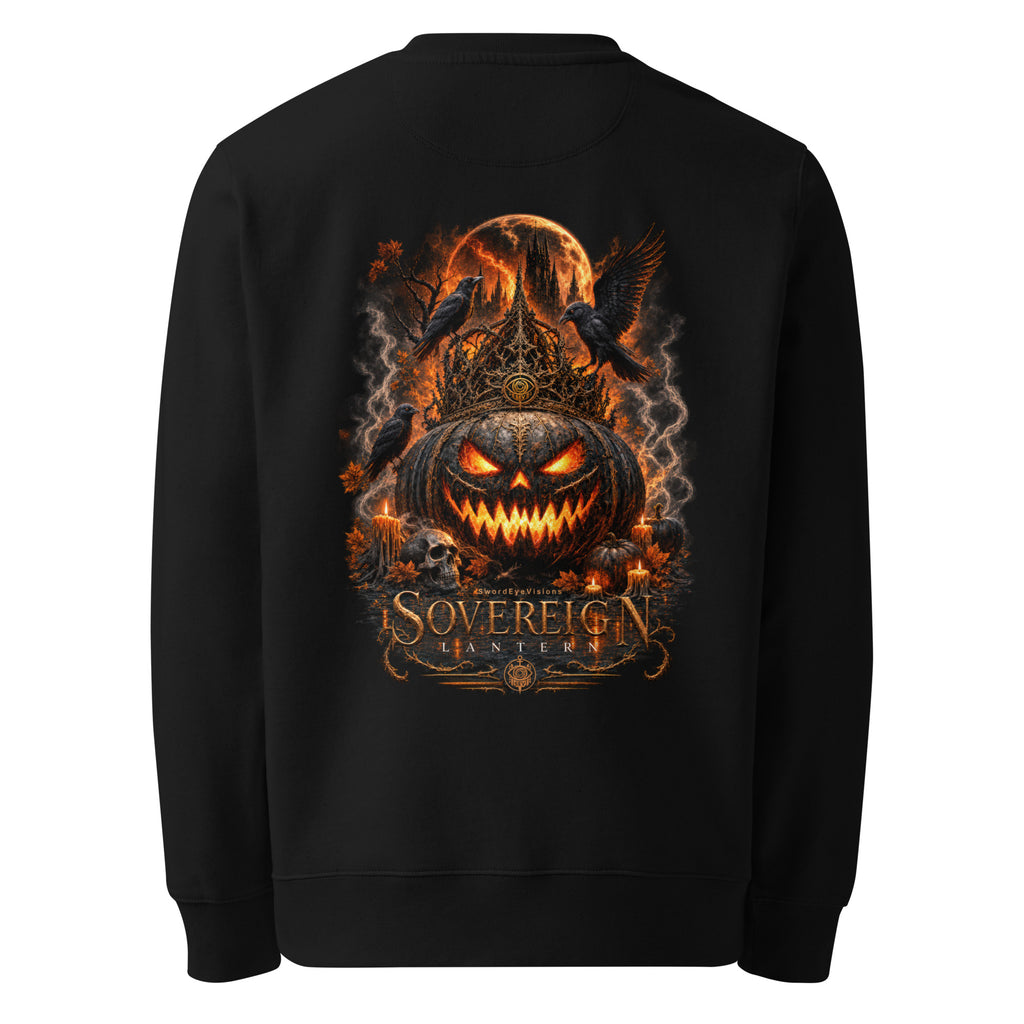 Back of the black crewneck showing the Sovereign Lantern artwork printed with no background panel, fading into the fabric