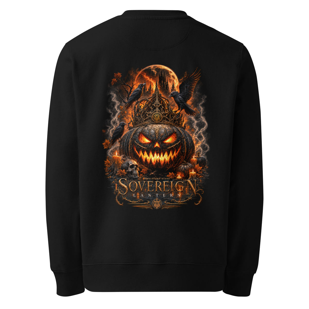 Back of the black crewneck showing the Sovereign Lantern artwork printed with no background panel, fading into the fabric