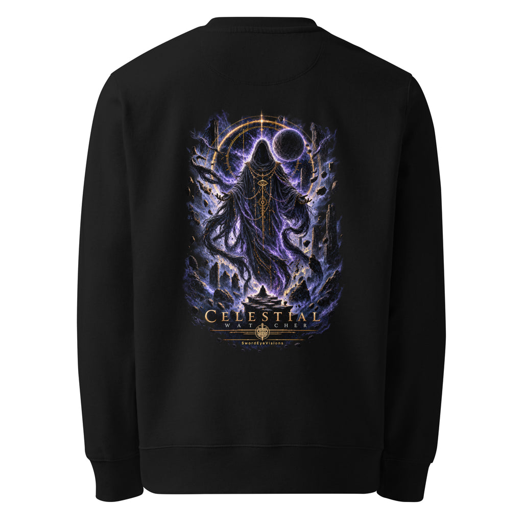 Back of the black crewneck showing the Celestial Watcher artwork printed with no background panel, fading into the fabric