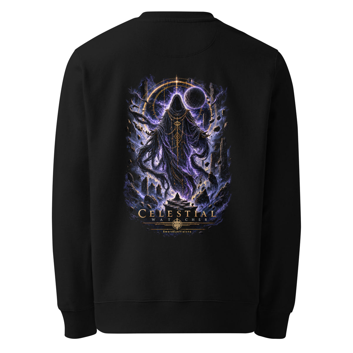 Back of the black crewneck showing the Celestial Watcher artwork printed with no background panel, fading into the fabric