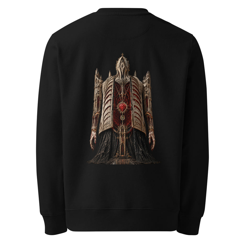 Back of the black crewneck showing the Cathedral of Flesh artwork printed with no background panel, rising out of the fabric
