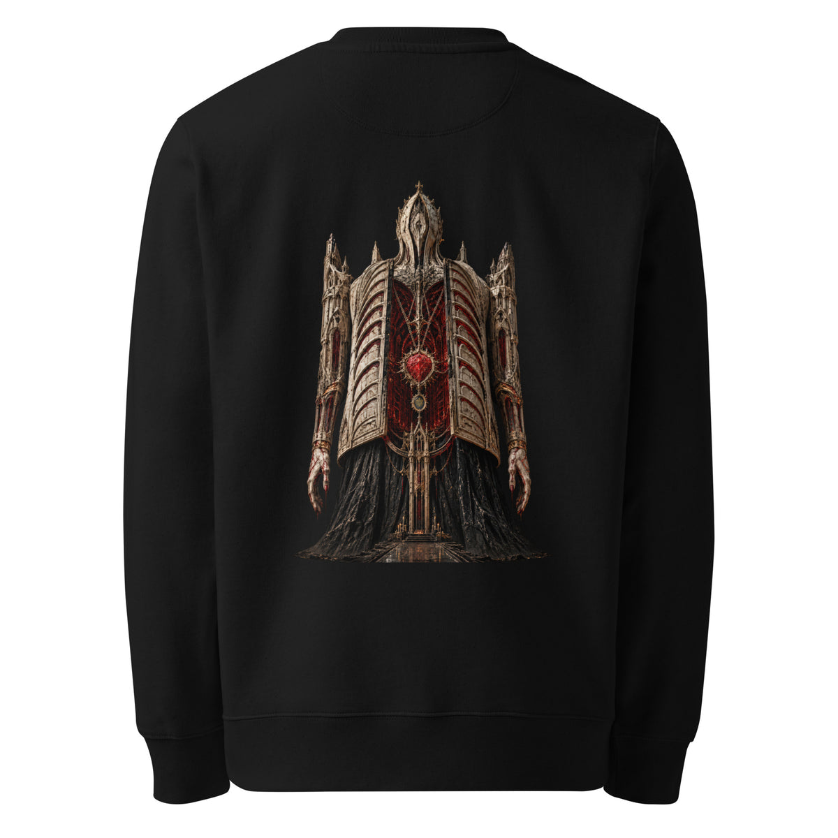 Back of the black crewneck showing the Cathedral of Flesh artwork printed with no background panel, rising out of the fabric