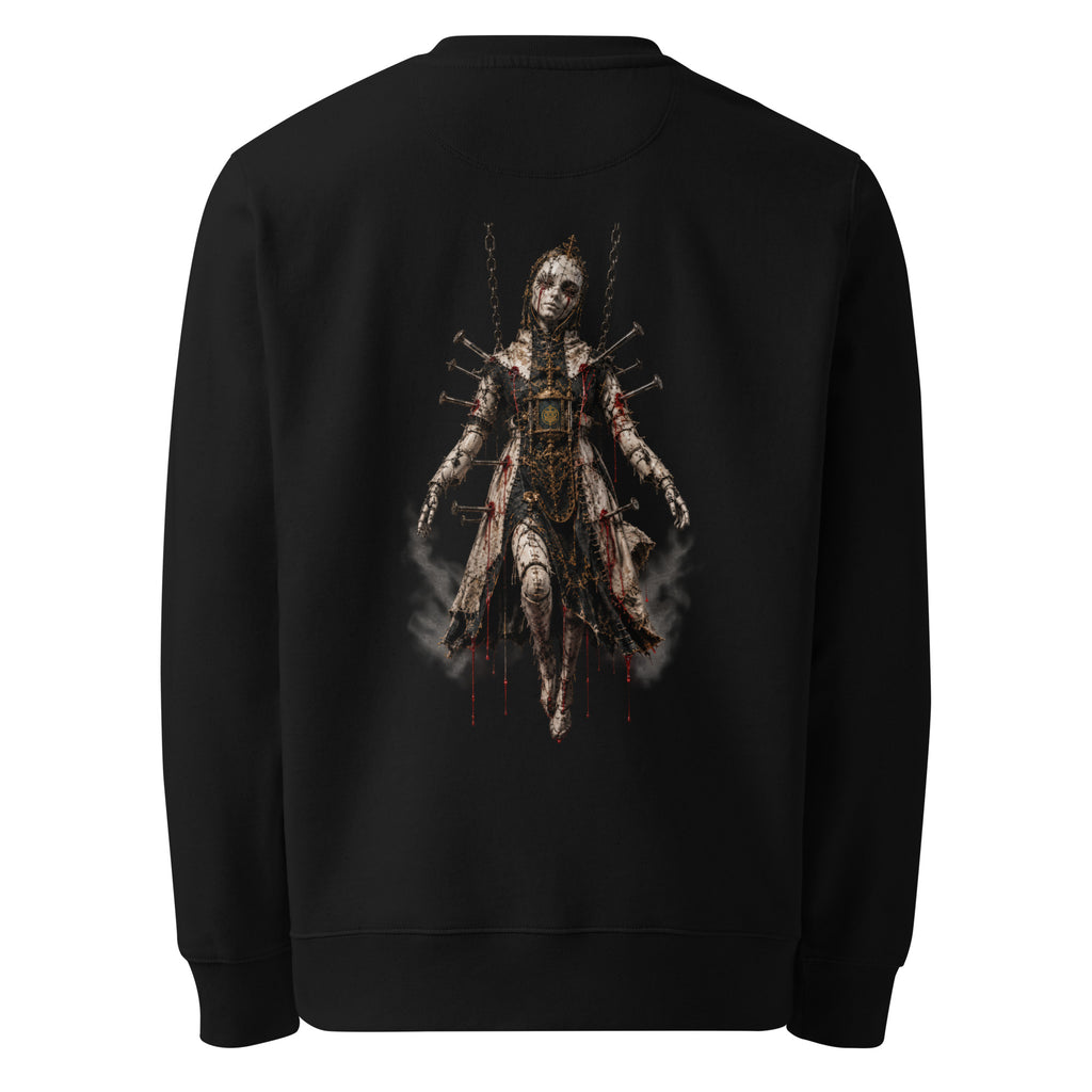 Back of the black crewneck showing the Crimson Reliquary apparel treatment printed with no background panel