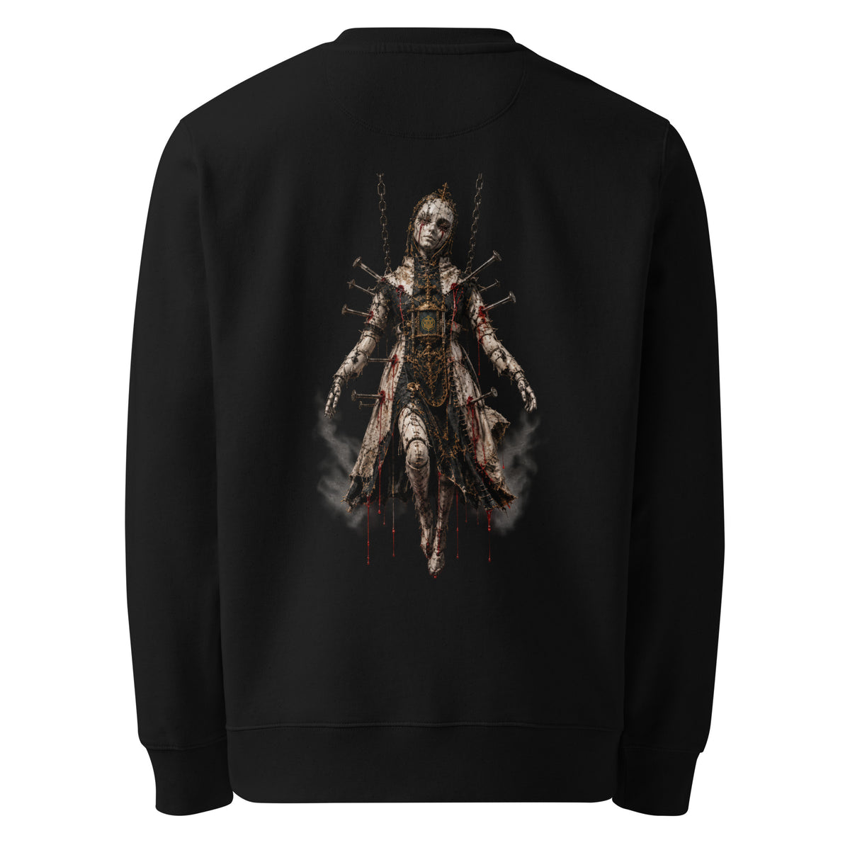 Back of the black crewneck showing the Crimson Reliquary apparel treatment printed with no background panel