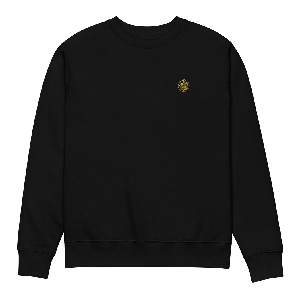 Sovereign Lantern Hybrid Crewneck in Black, front view with the small gold-tone embroidered SEV Sigil at the left chest