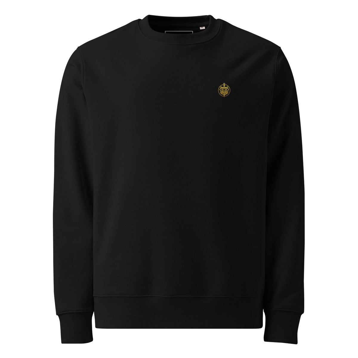 Sovereign Lantern Spectral Veil Edition crewneck in black, front view with the embroidered SEV Sigil at the left chest