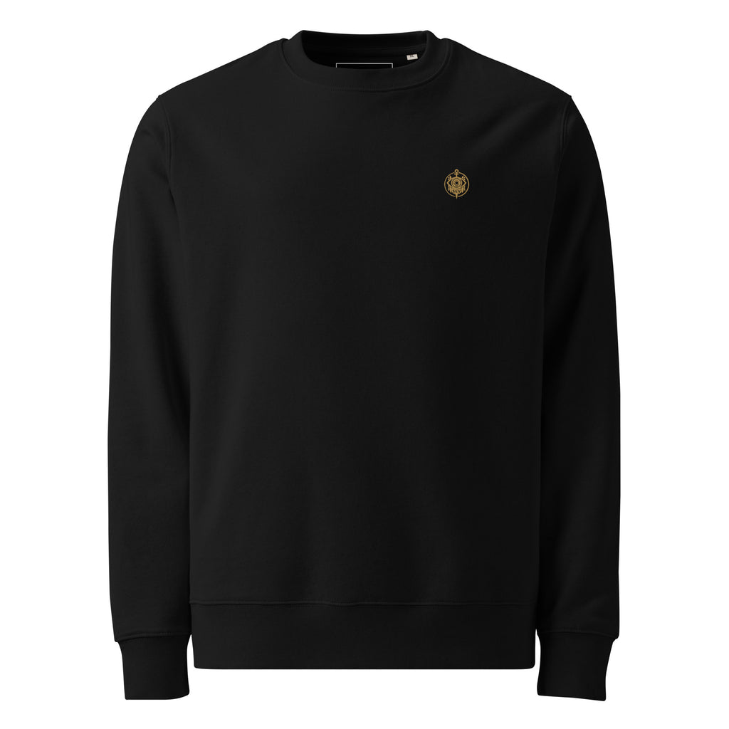 SEV Sigil Embroidered Crewneck in Black, front view, with the small Old Gold Sigil embroidered at the left chest