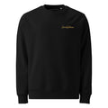 SEV Cursive Wordmark Embroidered Crewneck in Black, front view with Old Gold left-chest embroidery