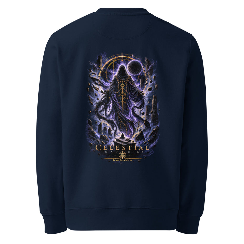 Back of the French Navy crewneck showing the Celestial Watcher artwork printed with no background panel