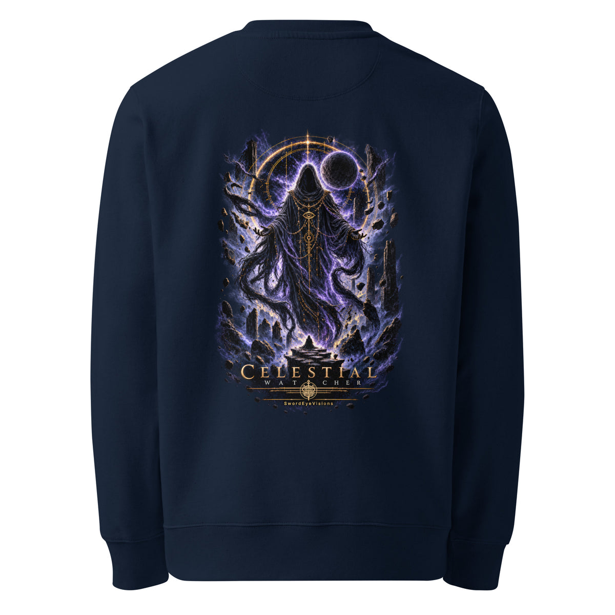 Back of the French Navy crewneck showing the Celestial Watcher artwork printed with no background panel