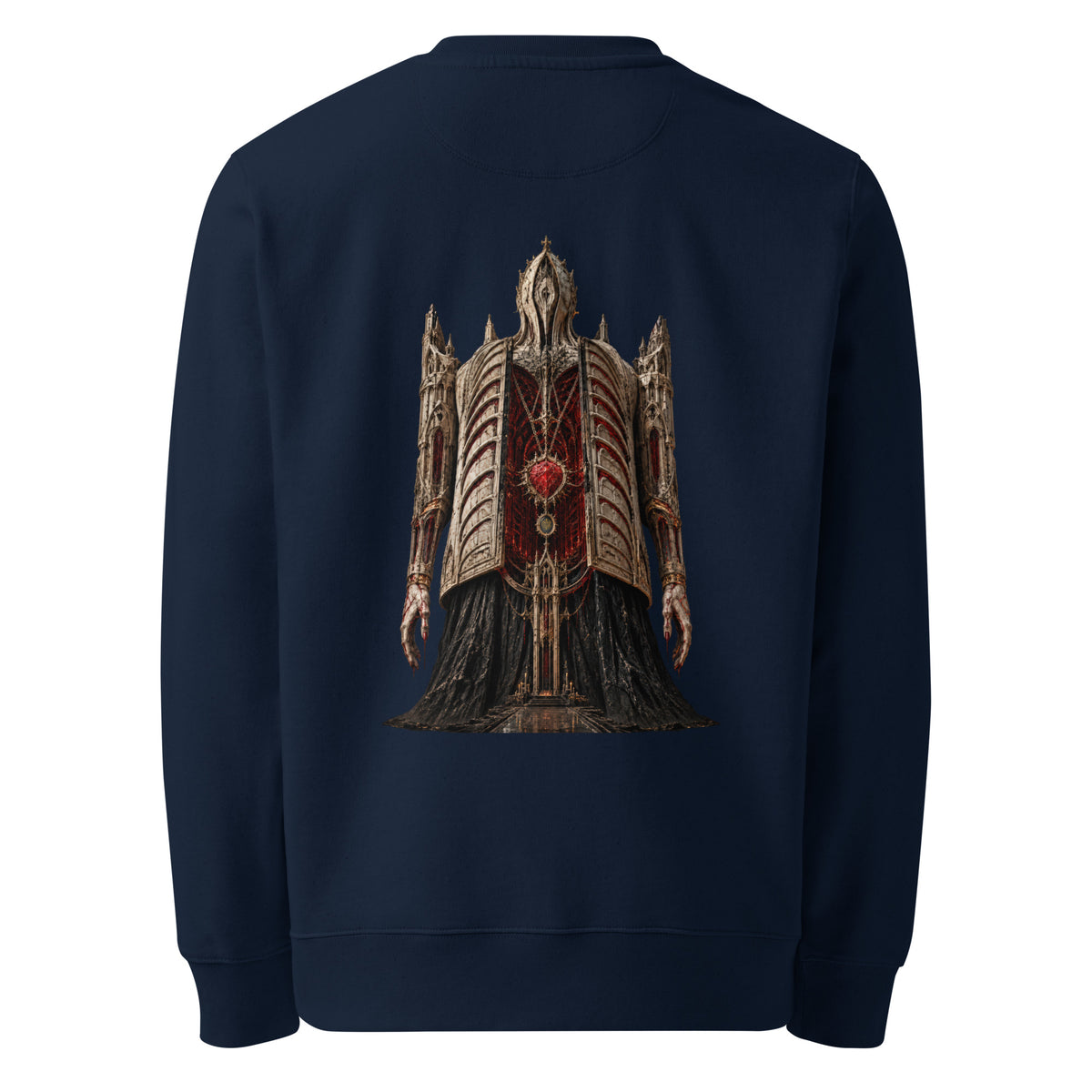 Back of the French Navy crewneck showing the Cathedral of Flesh artwork printed with no background panel