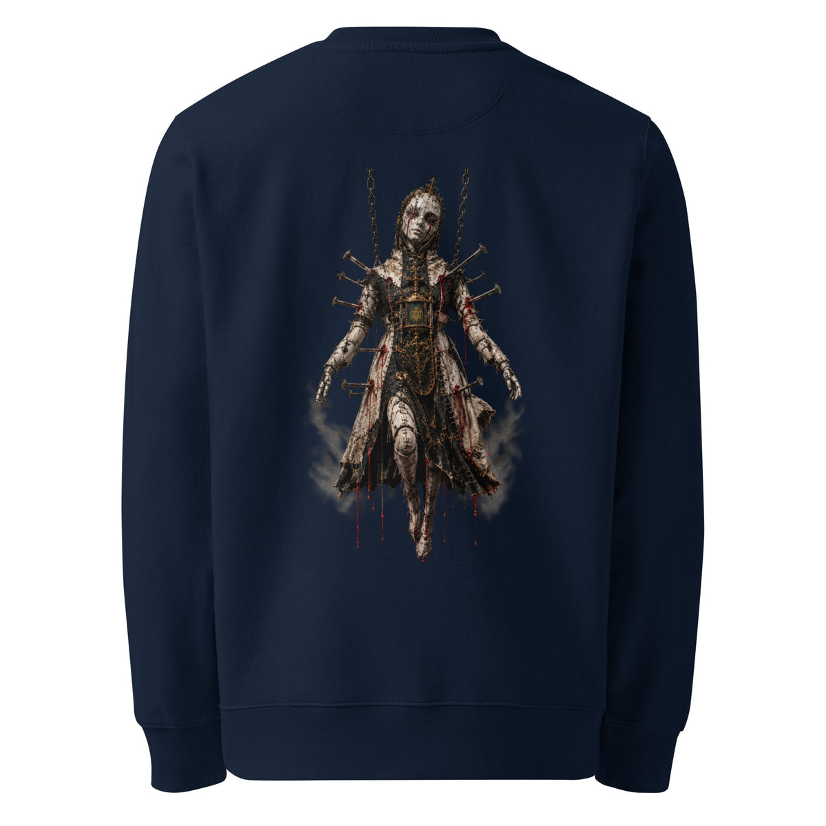Back of the French Navy crewneck showing the Crimson Reliquary apparel treatment printed with no background panel