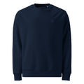 SEV Quiet Monogram Crewneck in French Navy, front view, with the small navy-on-navy Monogram embroidered at the left chest