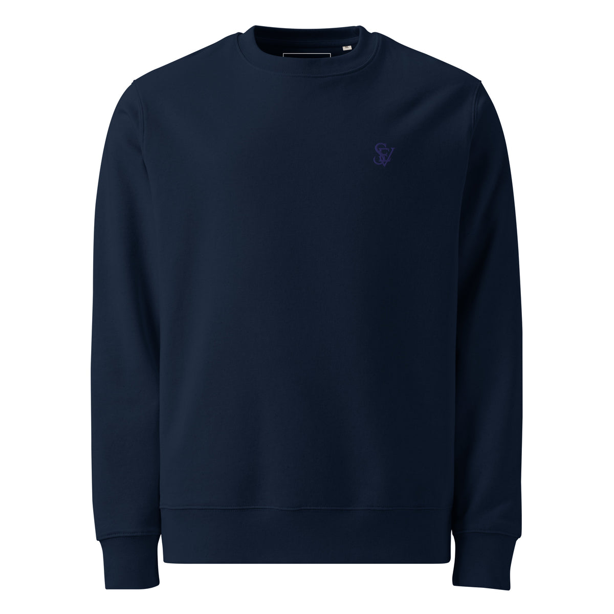 SEV Quiet Monogram Crewneck in French Navy, front view, with the small navy-on-navy Monogram embroidered at the left chest