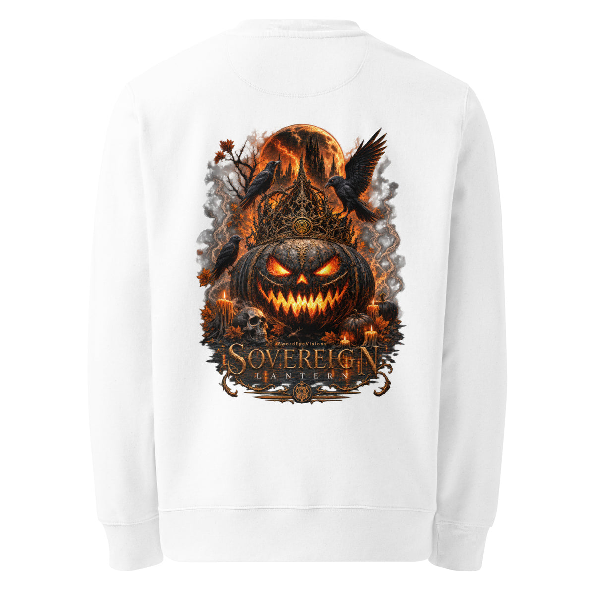 Back of the white crewneck showing the Sovereign Lantern artwork printed with no background panel