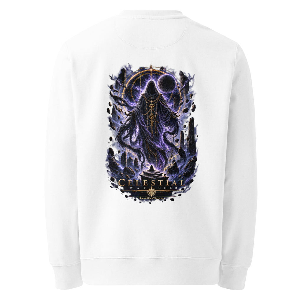 Back of the white crewneck showing the Celestial Watcher artwork printed with no background panel