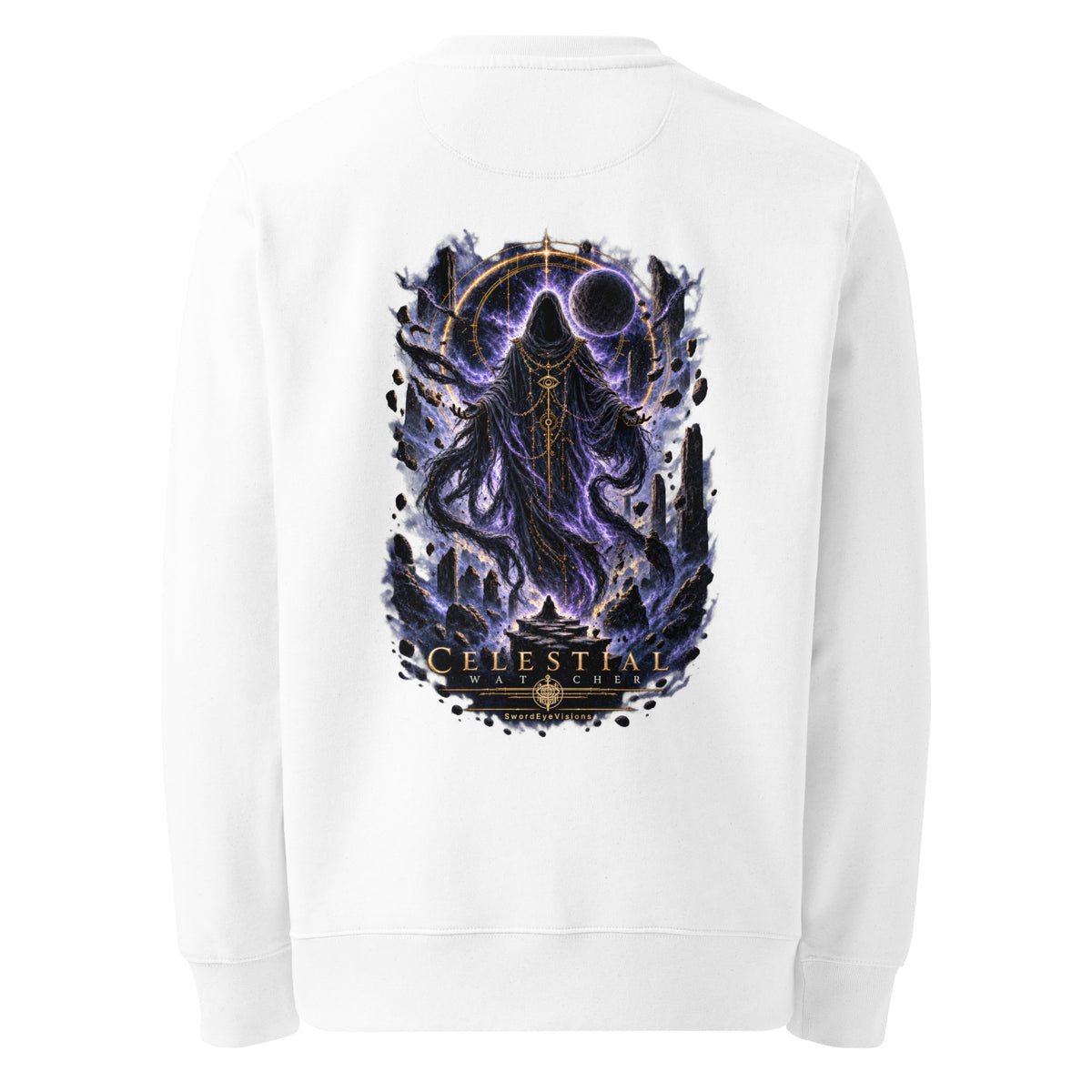 Back of the white crewneck showing the Celestial Watcher artwork printed with no background panel