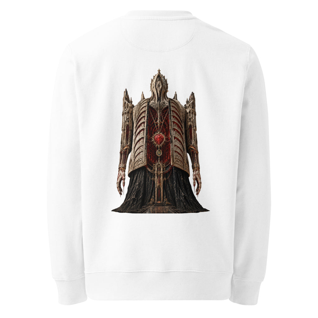 Back of the white crewneck showing the Cathedral of Flesh artwork printed with no background panel