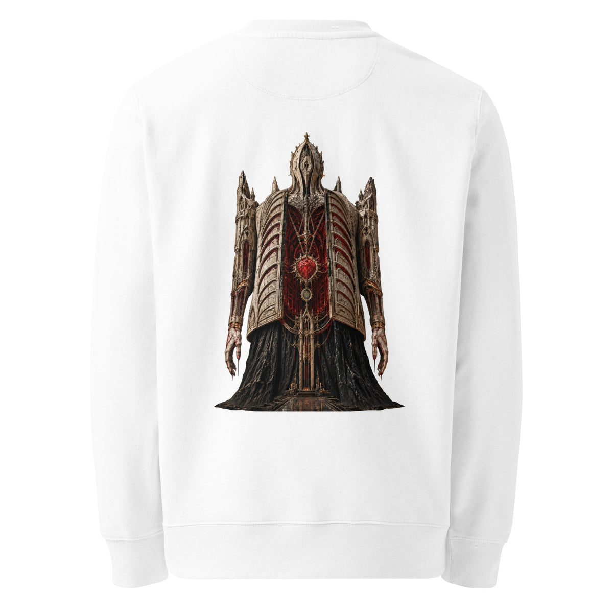 Back of the white crewneck showing the Cathedral of Flesh artwork printed with no background panel