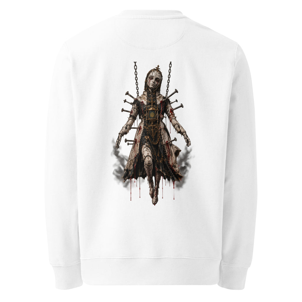 Back of the white crewneck showing the Crimson Reliquary apparel treatment printed with no background panel