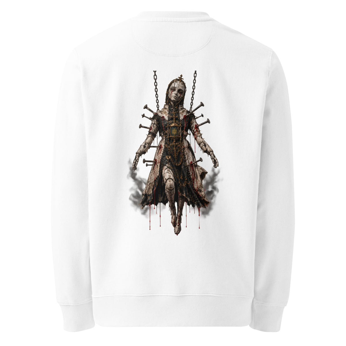 Back of the white crewneck showing the Crimson Reliquary apparel treatment printed with no background panel
