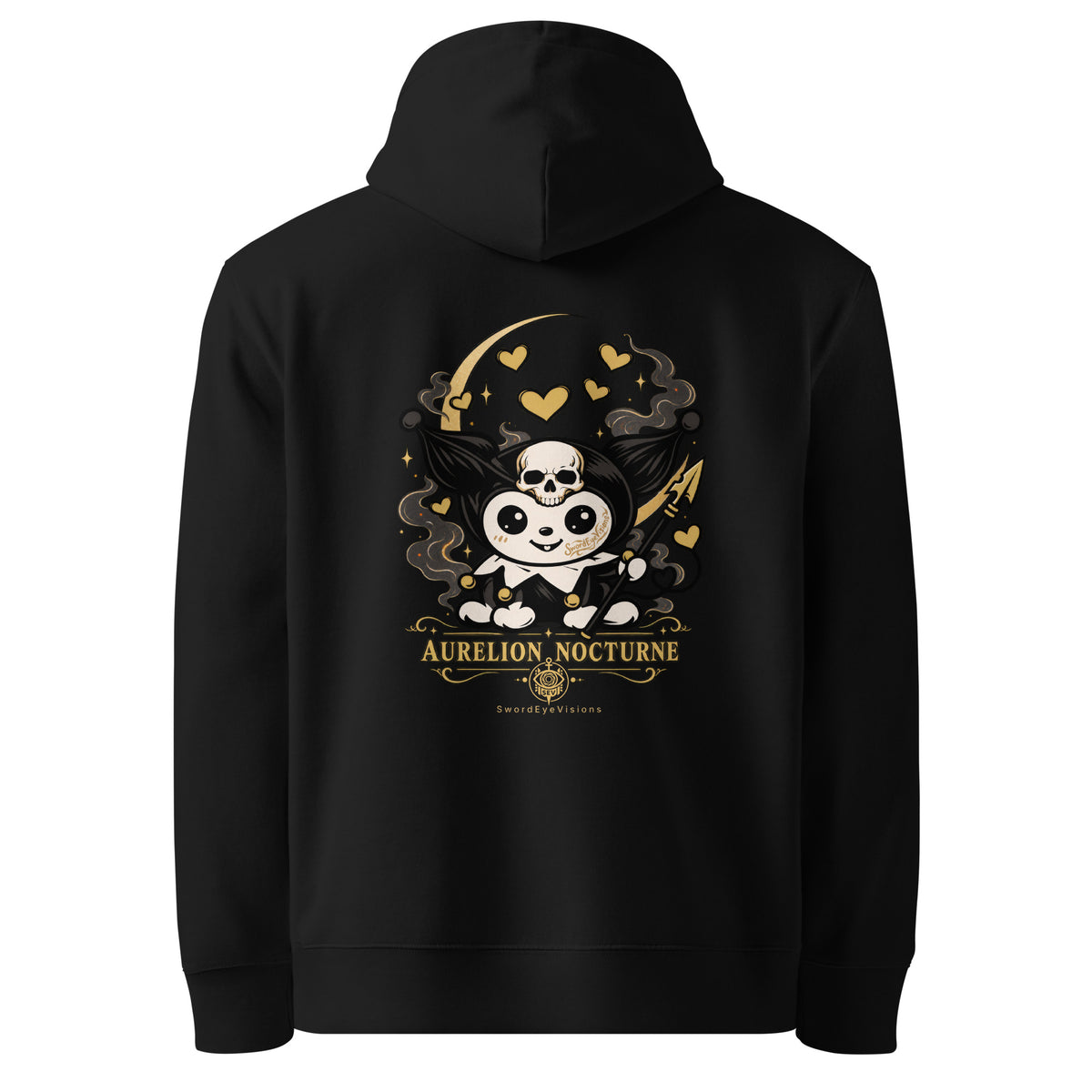 Back of the black hoodie showing the Aurelion Nocturne artwork printed with no background panel