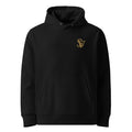 SEV Monogram Embroidered Hoodie in Black, front view with the small Old Gold left-chest monogram