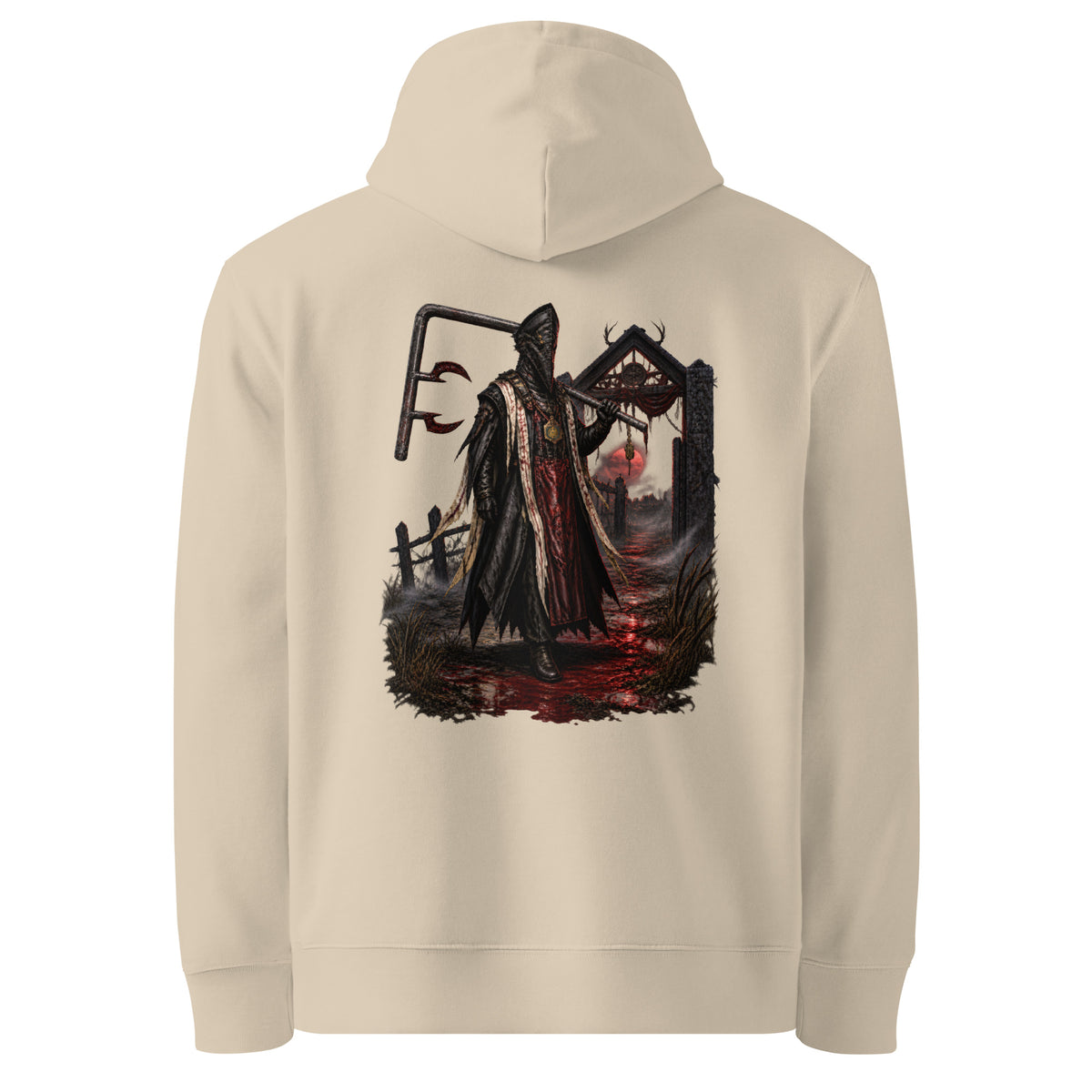 Back of the Desert Dust hoodie showing The Red Harvest artwork printed with no background panel