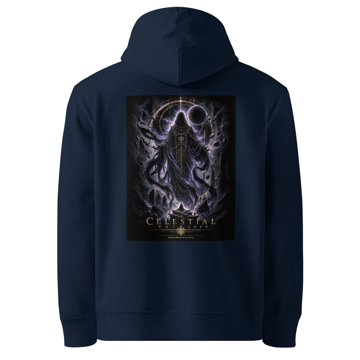 Celestial Watcher Hoodie in French Navy, back artwork