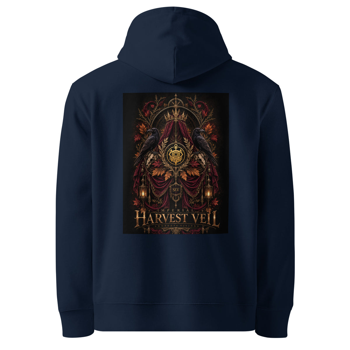 Imperial Harvest Veil Hoodie — French Navy — back view, original artwork below hood