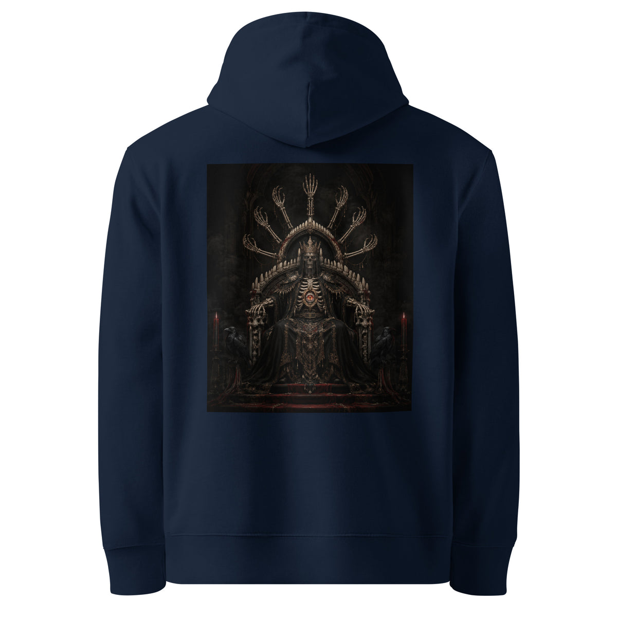 Bone Oracle Hoodie in French Navy — back view, showing the original artwork.