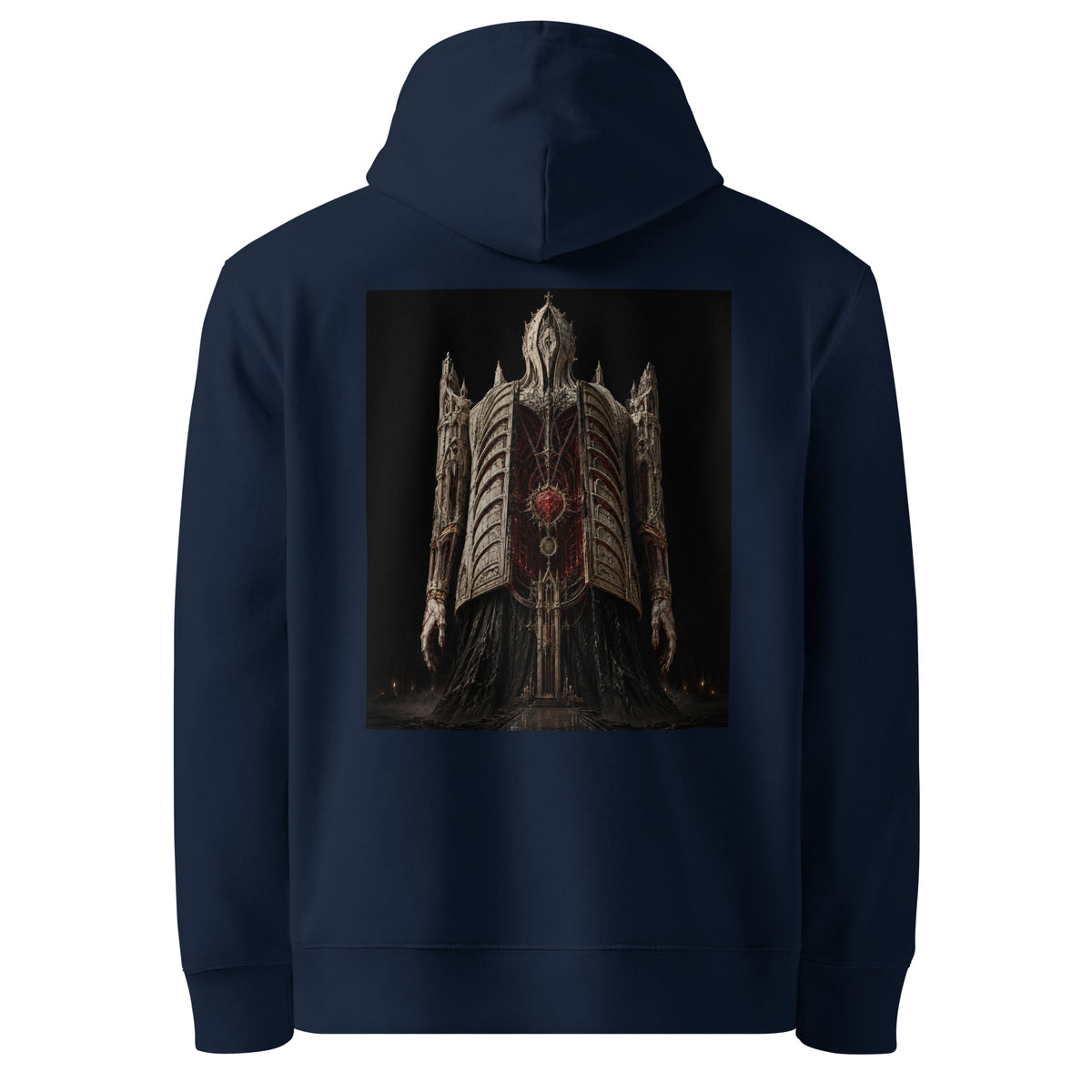 Cathedral of Flesh Hoodie in French Navy — back view, showing the original artwork.